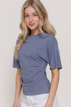 Dusty Blue White Short Dolman Sleeve Defined Silhouette Stripe Knit Top