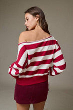 White Burgundy Striped Off-Shoulder Sweater