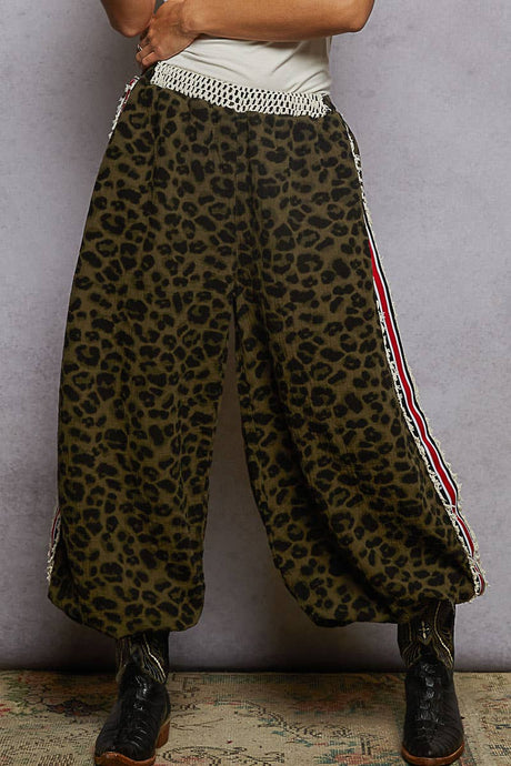 Olive Leopard Leopard print crochet patch elastic waist woven jogger POL pants