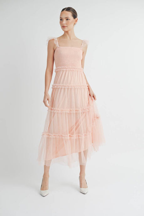 Pink Romantic Tiered Tulle Smocked Maxi Dress