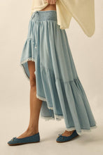 Light Chambray Tencel Denim High-Low Tiered Ruffle Maxi Skirt