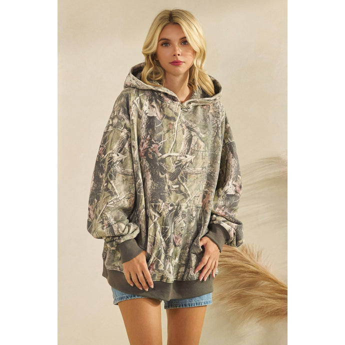 Olive Camo Printed Fleece Veveret Hoodie