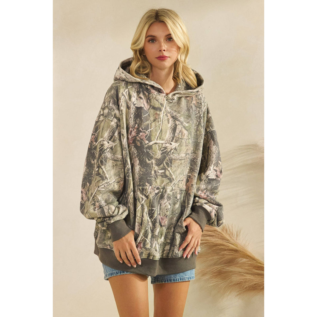 Olive Camo Printed Fleece Veveret Hoodie