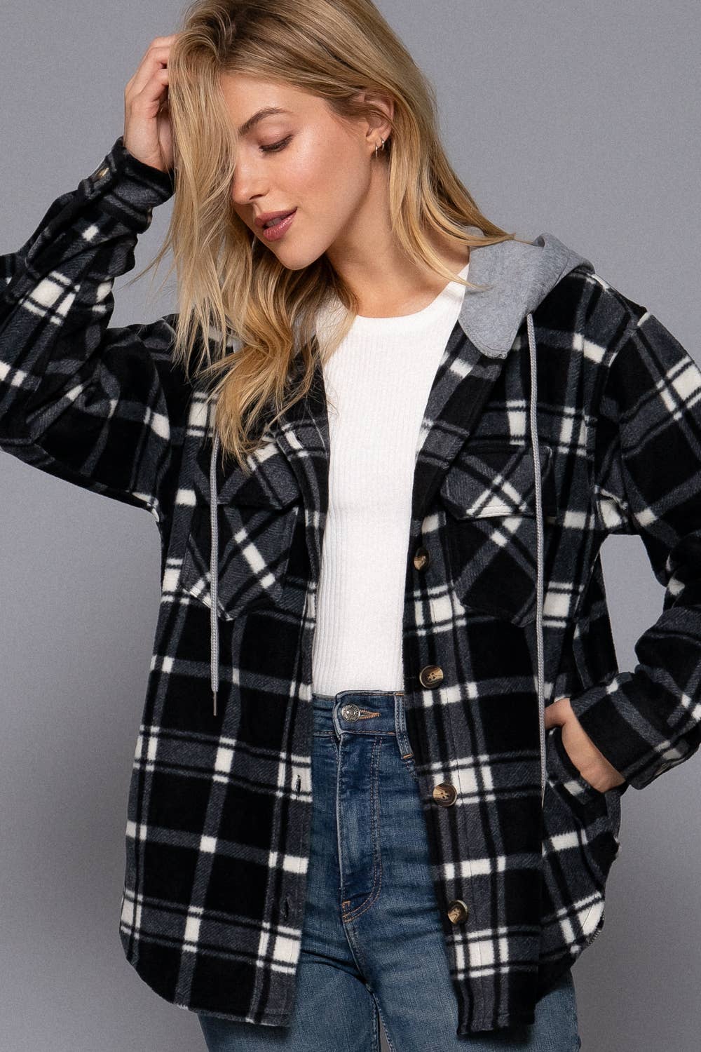 Black Ivory Long Sleeve Plaid Button Down with Hoodie Fleece Jacket