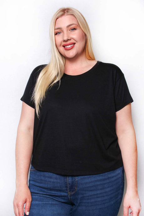Black Plus Short Sleeve Crew Neck Crop Top