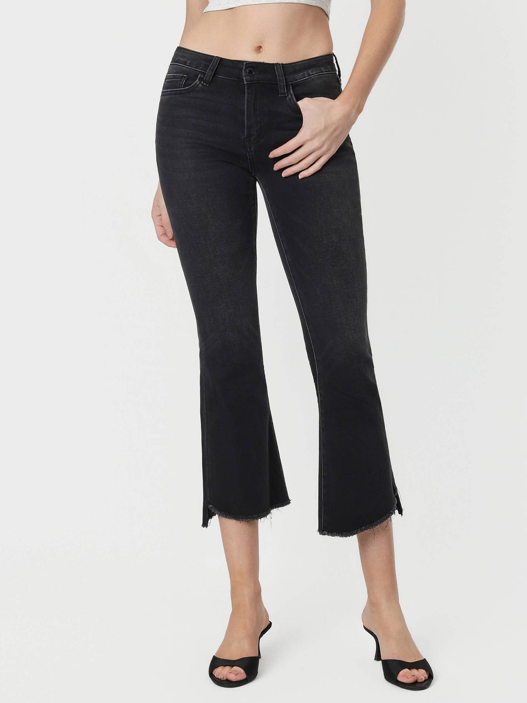 Black Mid Rise Raw Step Hem Crop Flare Vervet Jeans