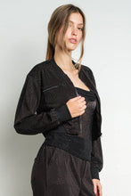 Black Rhinestone Zip Up Cropped Bomber Jacket