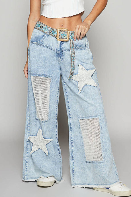 Denim Vintage washed crochet star patch solid POL pants
