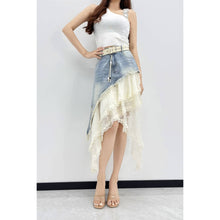 White Blue Asymmetrical Denim Lace Layered Skirt Set