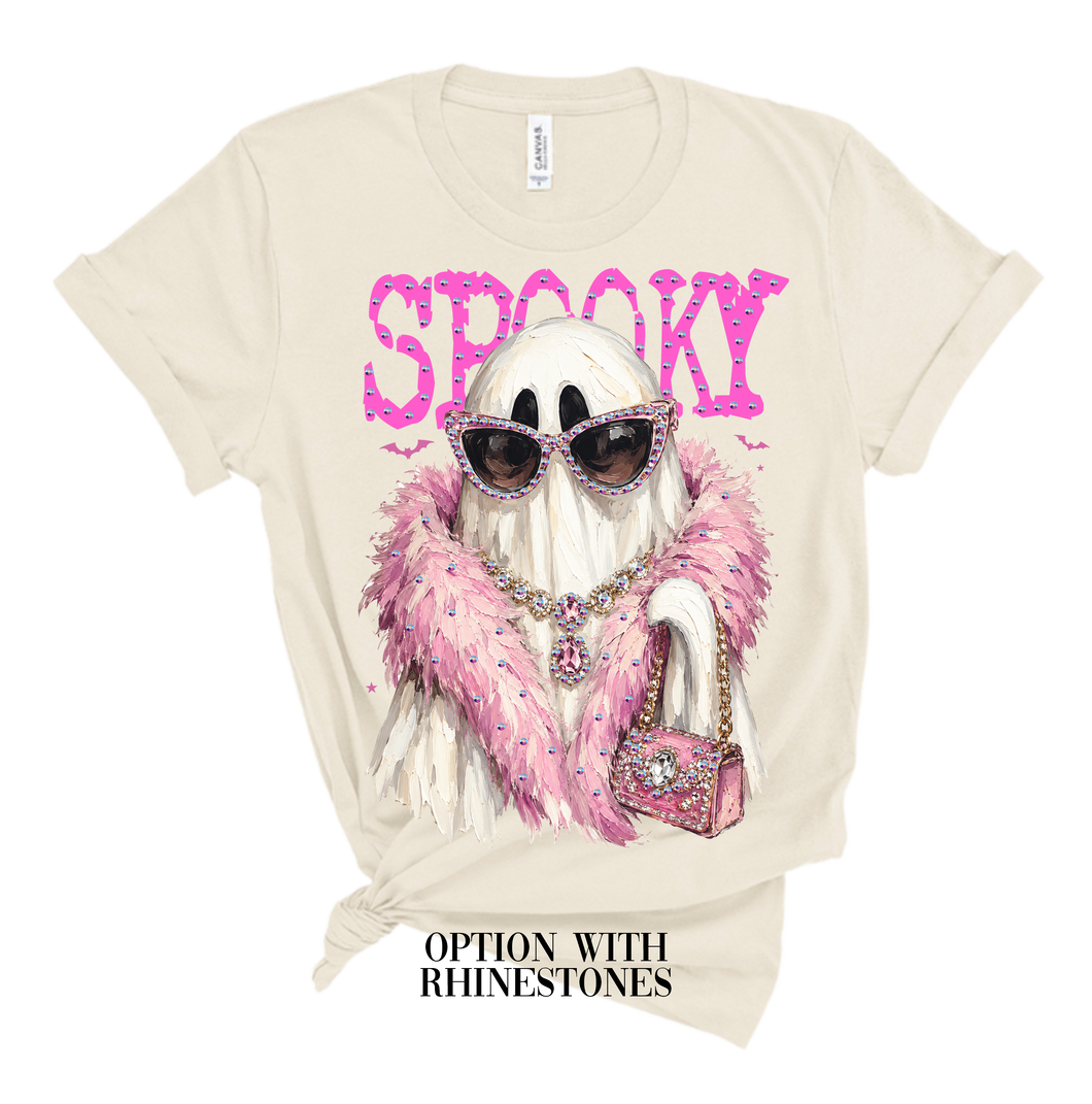 Natural Spooky Ghost Blingy Rhinestone Graphic Tee