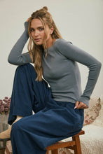 Ash Blue Boat Neck Long Sleeve Ribbed Knit Top