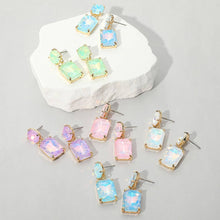 Pink Square Rectangle Glass Stone Link Dangle Evening Earrings