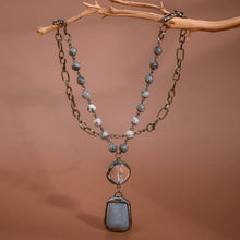 Grey Natural Stone Pendant Beaded Chain Link Necklace