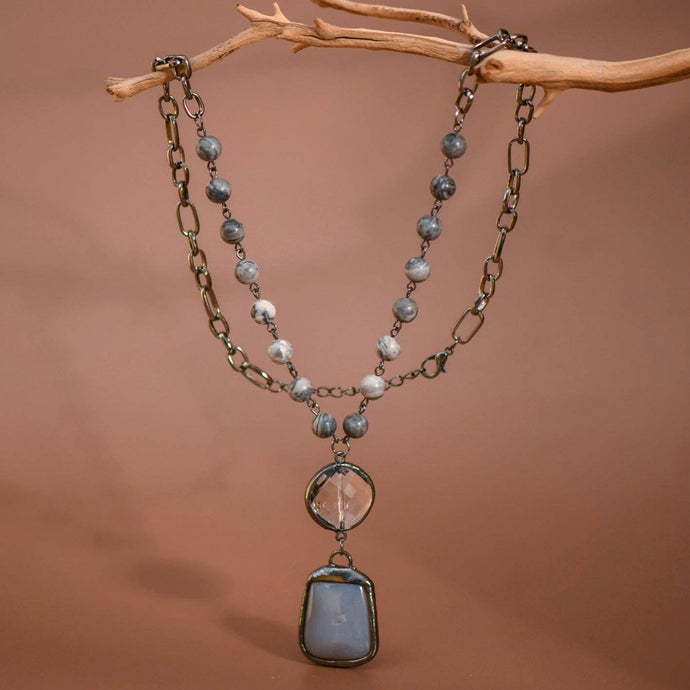 Grey Natural Stone Pendant Beaded Chain Link Necklace