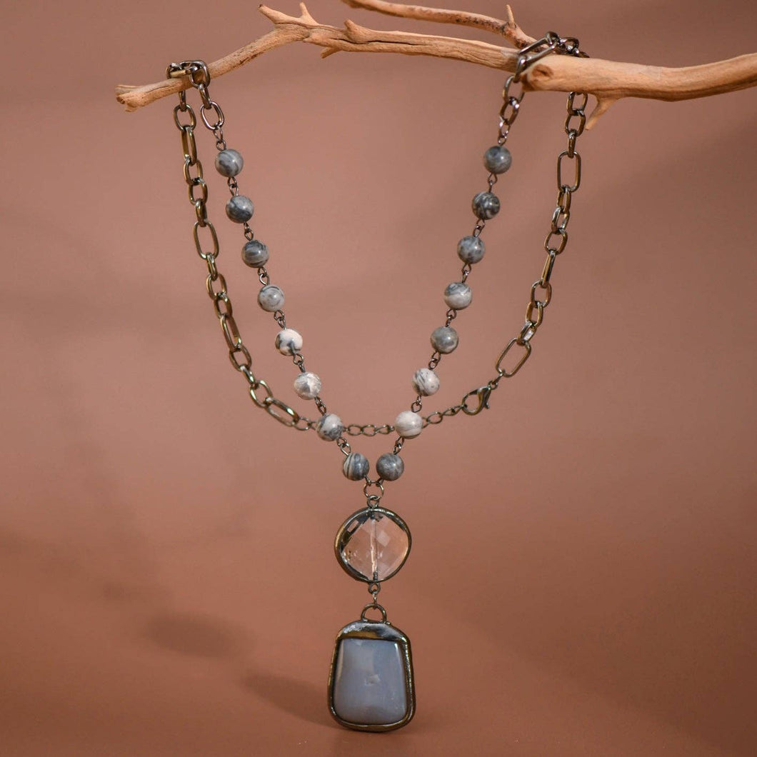 Grey Natural Stone Pendant Beaded Chain Link Necklace