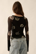 Black Floral-Print Mesh Raglan-Sleeve Henley Top