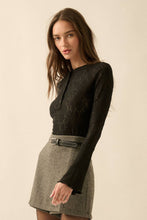 Black Floral Lace Raglan-Sleeve Henley Top
