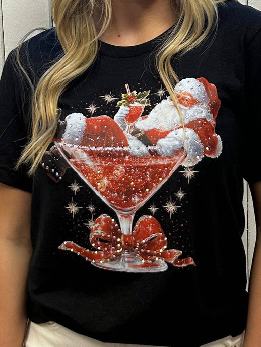 Martini Santa Rhinestone Graphic Christmas Tees
