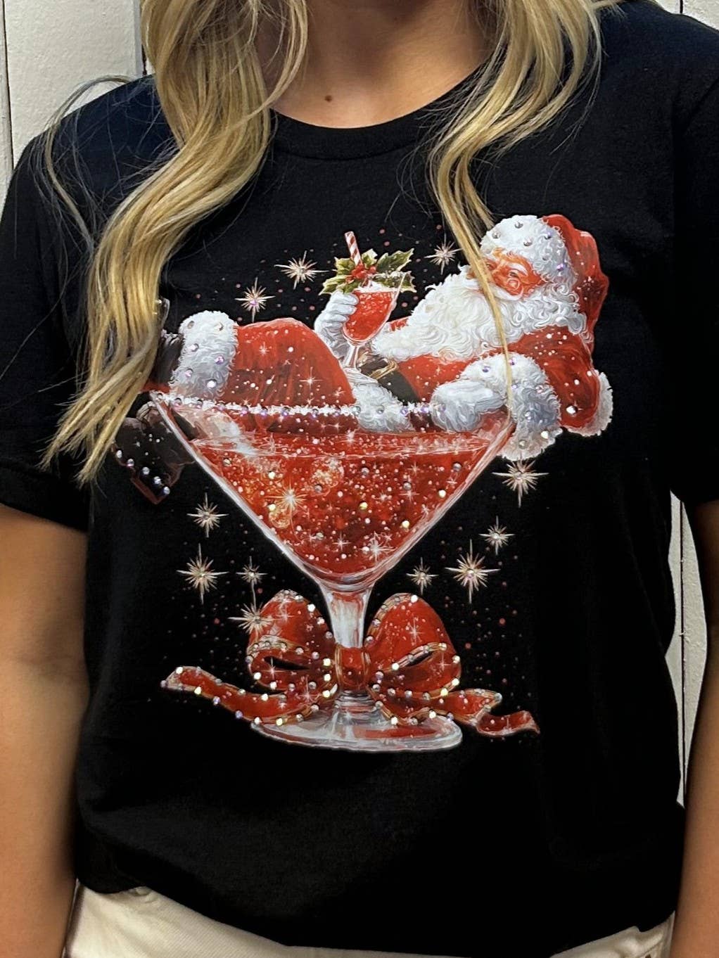 Martini Santa Rhinestone Graphic Christmas Tees