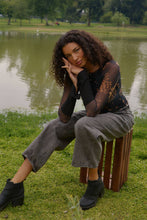 Black Floral-Print Mesh Raglan-Sleeve Split-Cuff Henley Top