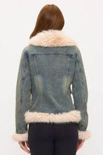 Denim Blue Vintage Chic Faux Fur Trim Denim Jacket