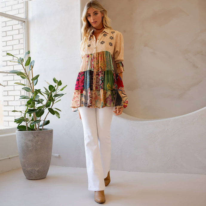 Latte 3/4 Ruffle Sleeves Western Blouse Top