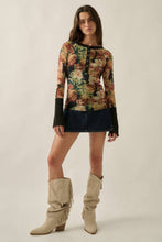 Black Floral Mesh Split-Cuff Raglan-Sleeve Henley Top