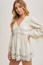 Ecru Lace Trimmed Bell Sleeve V Neck Blouse
