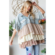 Light Denim Multi Tiered Ruffle Hooded Short Sleeve Oli+Hali Jacket