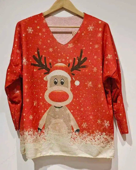 Italian Cozy Red Deer Sweater One Size LOOWIE