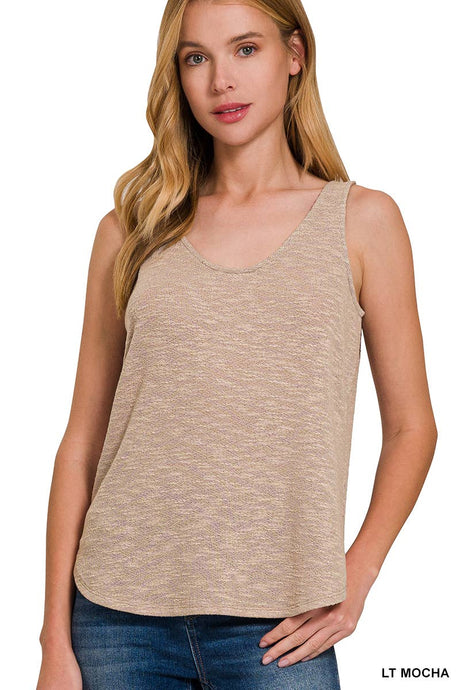 Light Mocha Sleeveless Double Scoop Neck Tank Top