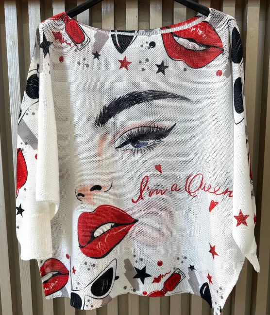 White Face Queen Round Neck Knit Printed Sweater