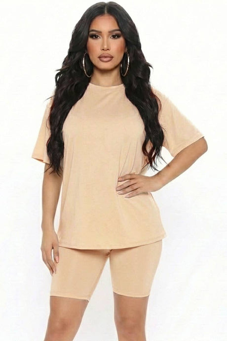 Khaki Loose Fit Top & Bike Shorts Set