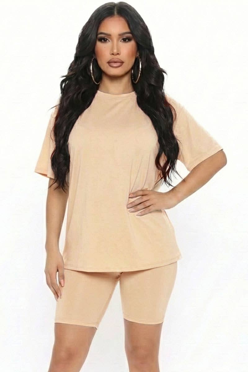 Khaki Loose Fit Top & Bike Shorts Set