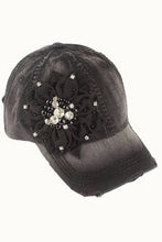 Rose Floral Bejeweled Bling Glitz Distressed Cap, Adjustable: