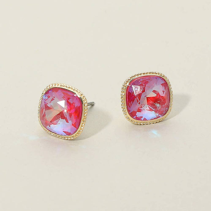 Red Cushion-cut Faceted Iridescent Stone Stud Earrings