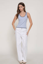 Blue Navy Sleeveless Straight Neck Line Embroidery Detail Sweater Top
