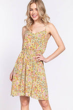 Lime Round Neck Waist Shirring Floral Printed Woven Dress