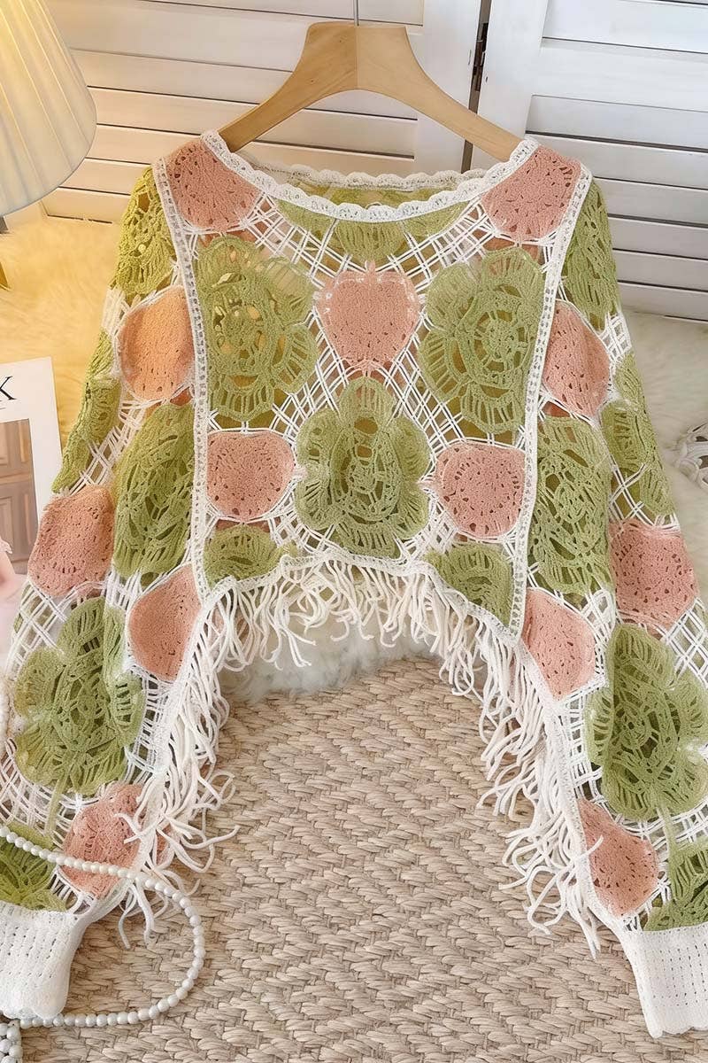 Green Crochet Floral Fringe Knit Top