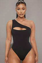 Ribbed Knit Cut Out One Shoulder Bodysuit: Black / L