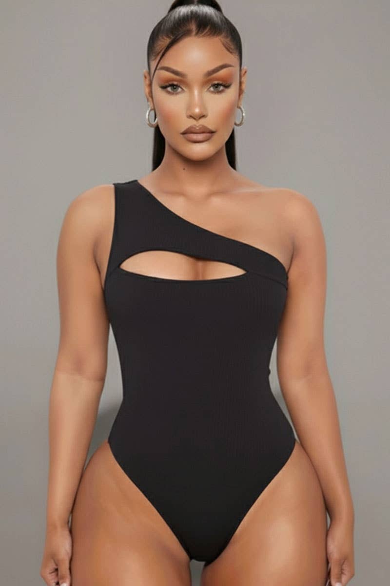 Ribbed Knit Cut Out One Shoulder Bodysuit: Black / L
