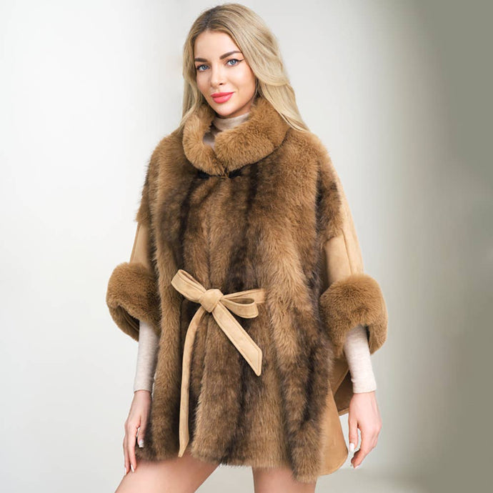 Luxurious Faux Fur Trim Belted Waist Cape Poncho