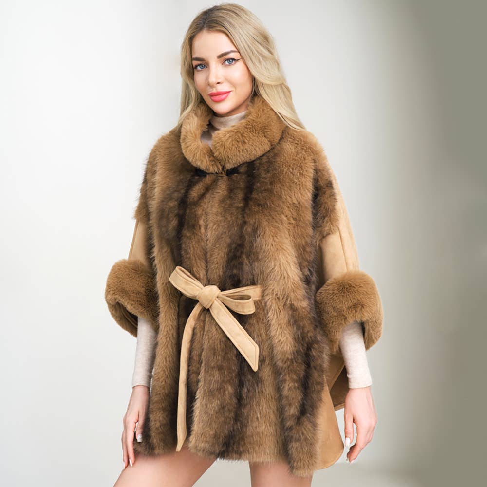 Luxurious Faux Fur Trim Belted Waist Cape Poncho