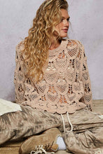 Mocha Round neck long sleeve solid crochet  POL top