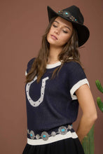 Navy Horseshoe Short Sleeve Knit Sweater