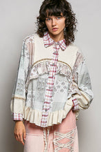Cream Red Multi Floral Embroidery Trim Ruffle Button-Down Classic POL Shirt