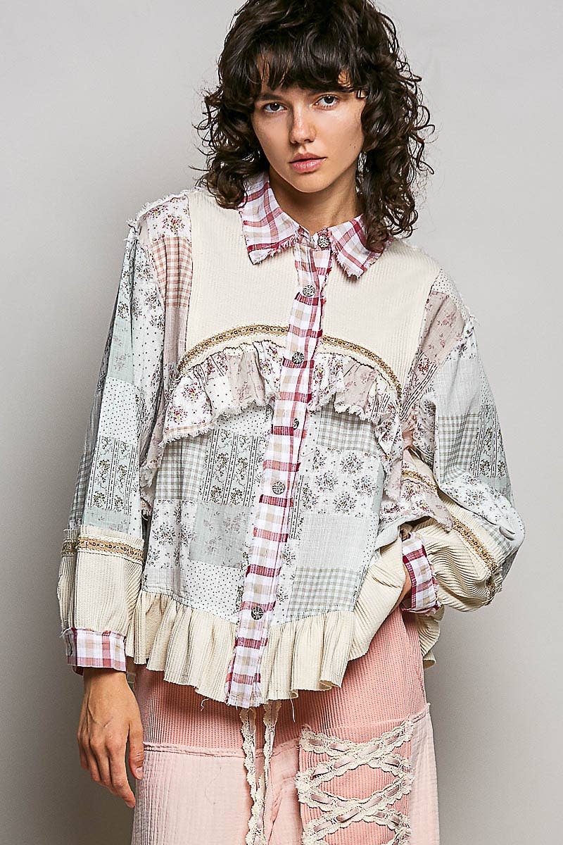 Cream Red Multi Floral Embroidery Trim Ruffle Button-Down Classic POL Shirt