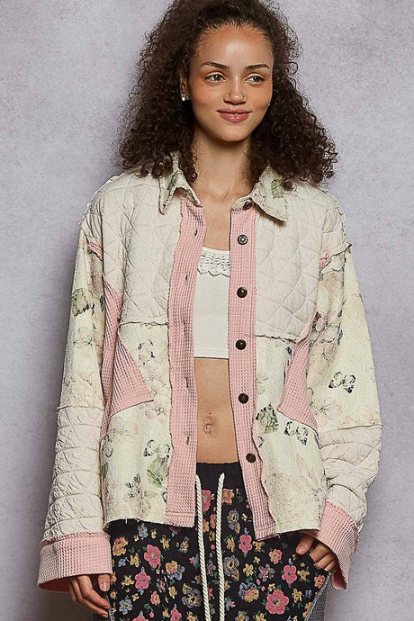 Pink Multi Long sleeve printed patchwork woven shirt quilted POL jacket