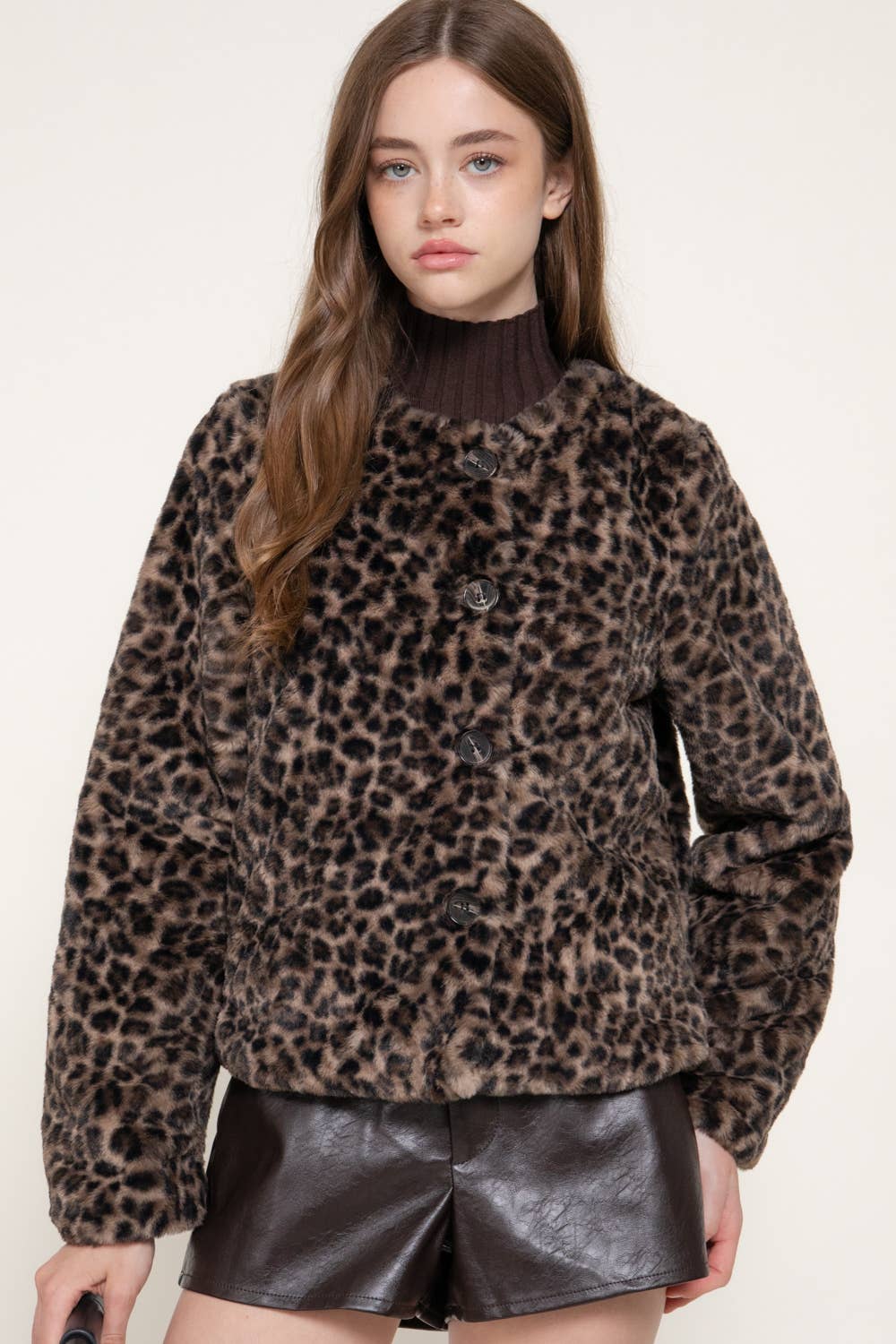 Taupe Black Long Sleeve Round Neck Printed Faux Fur Jacket