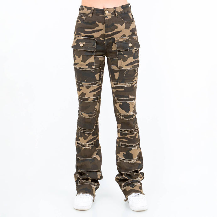 Olive Camo Patchwork Stacked Pants